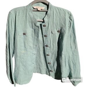 Coldwater Creek Women Light Blue 100% Linen‎ Long Sleeve Button-Up Jacket